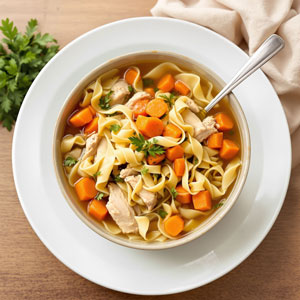 a bowl of chicken noodle soup