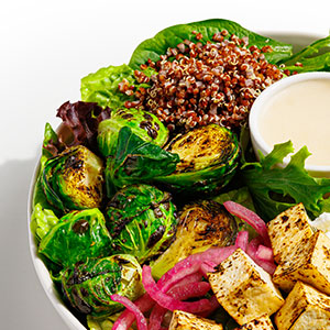 tofu superfood salad with brussels sprouts