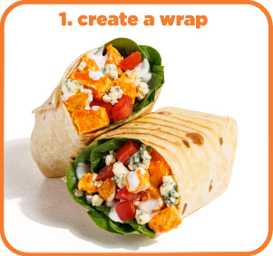 A colorful wrap. Text above the wrap reads "1. create a wrap" in bold orange font.