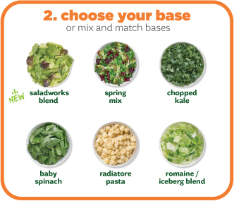 Salad base options displayed in six circles: saladworks blend, spring mix, chopped kale, baby spinach, radiatore pasta, and romaine/iceberg blend. The image header reads "2. choose your base or mix and match bases."