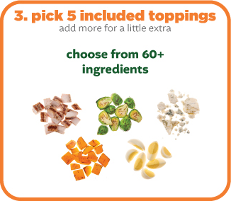 Salad toppings options shown include grilled chicken, roasted Brussels sprouts, blue cheese crumbles, roasted sweet potatoes, and hard-boiled egg slices. Text reads "3. pick 5 included toppings – choose from 60+ ingredients."